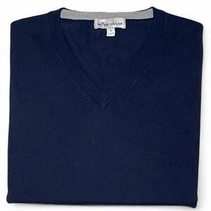 PETER MILLAR Navy Blue Merino Wool/Silk V-neck Knit Sweater Size L Golf Winter